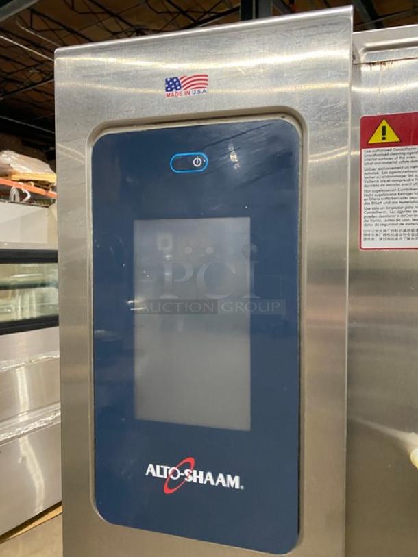 Alto-Shaam CTP7-20G stainless steel combi oven with touchscreen, model CTP720G, on casters, Made in USA label visible.