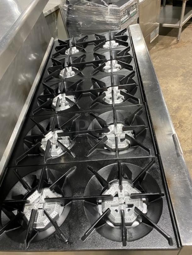 U.S. Range Performer Series 10-burner stainless steel range with double oven, overhead salamander shelf, model PS102626RC.