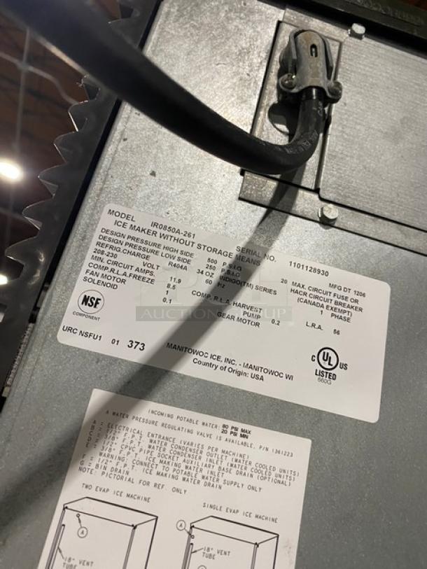 Manitowoc ice maker model IR0850A261, serial 1101128930, 208-230V, 1 phase, features durable stainless steel exterior and air-cooled system.