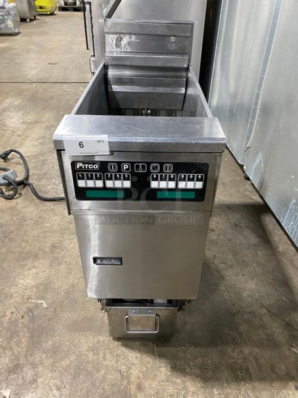 Pitco SFSE14S stainless steel electric deep fat fryer with filtration system, backsplash, basket hanger, on casters, Model SFSE14-S.