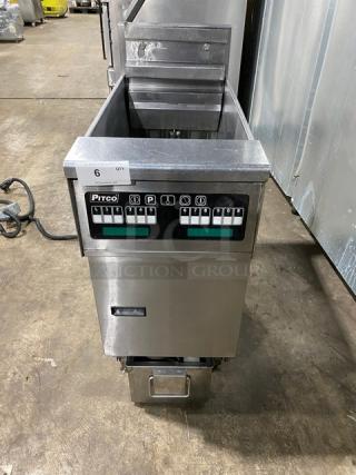 Pitco SFSE14S stainless steel electric deep fat fryer with filtration system, backsplash, basket hanger, on casters, Model SFSE14-S.