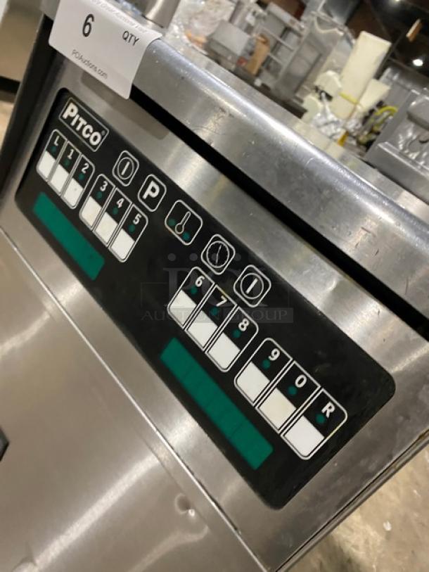 Pitco SFSE14S electric fryer with filtration, backsplash, basket hanger, stainless steel, on casters, 208V 3 phase.