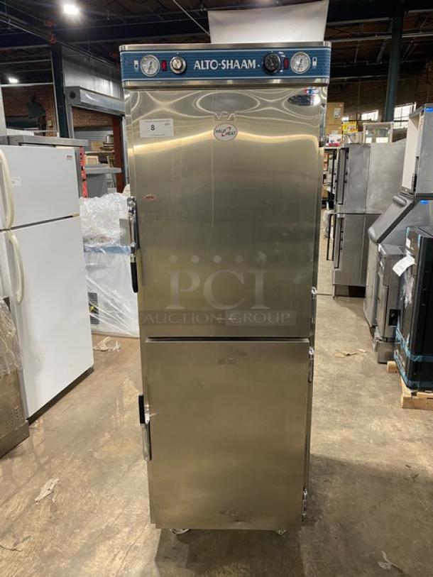 Alto-Shaam Halo Heat 1200-UP/SR commercial stainless steel dual-compartment cabinet, Dutch doors, wired rack, on casters.