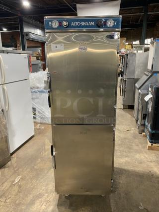 Alto-Shaam Halo Heat 1200-UP/SR commercial stainless steel dual-compartment cabinet, Dutch doors, wired rack, on casters.