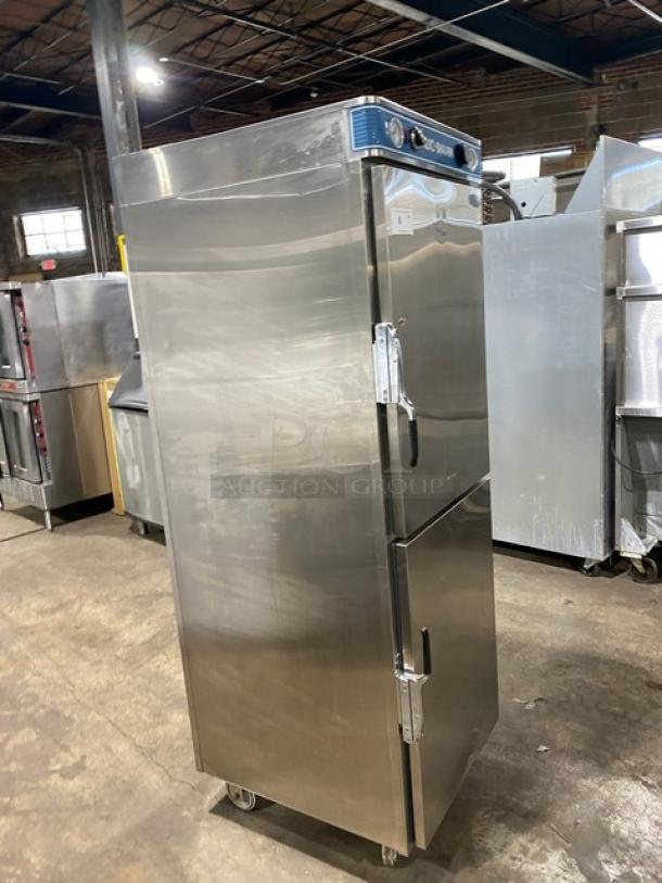 Alto-Shaam 1200UPSR dual-compartment stainless steel heated holding/proofing cabinet, on casters, electric, Dutch doors.