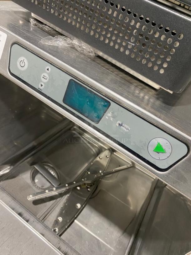 Hobart Advansys LXe Series undercounter dishwasher in stainless steel. Model LXER, electric, high temp, control panel detail.