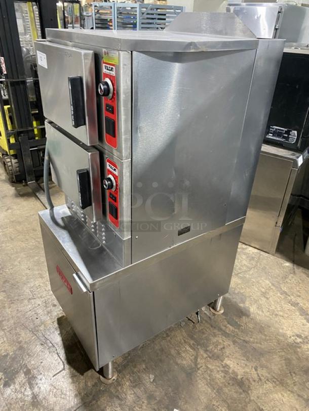 Vulcan VSX24G commercial stainless steel dual-compartment convection steamer, natural gas, with individual controls and pan racks.