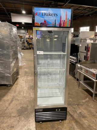 Dukers LG430F commercial black single glass door reach-in refrigerator with poly-coated wired rack on legs, 115V.