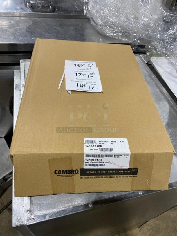 New Cambro Commercial Blue Rectangular Fast Food/Serving Tray, Model 1418FF168, in original packaging with labels.