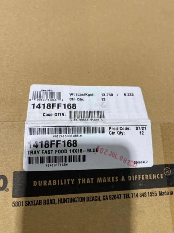 Cambro commercial blue 14"x18" fast food tray, Model 1418FF168, new condition, 12 per case, sturdy construction.