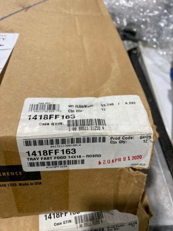 Cambro Commercial Red 14"x18" Serving Tray, Model 1418FF163, new in box. Visible labels show product details and packaging info.