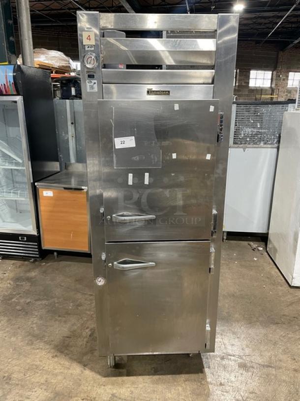 Traulsen stainless steel reach-in refrigerator/freezer combo, model RDT132WUT, with pan slide, chrome rack, and legs.