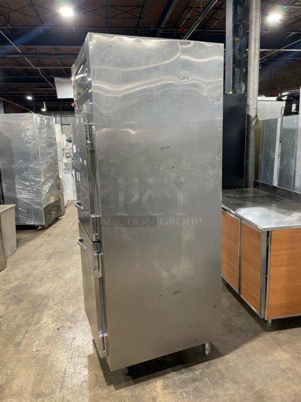 Traulsen commercial stainless steel refrigerator/freezer combo, model RDT132WUT, with swing doors, pan slide, and wired rack.