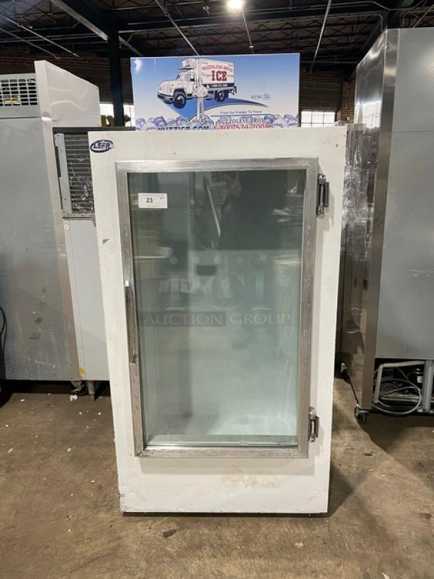 Leer Commercial Reach-In Ice Merchandiser Freezer, Model 301UC25MG, white, single glass swing door, 115V, SN: HAA-0404.