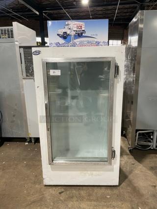 Leer Commercial Reach-In Ice Merchandiser Freezer, Model 301UC25MG, white, single glass swing door, 115V, SN: HAA-0404.