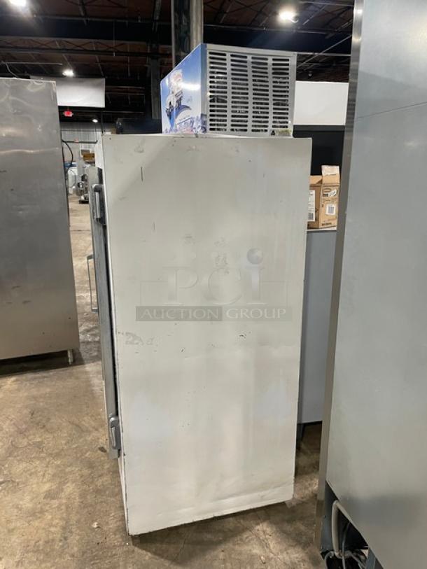 Leer Commercial White Single Glass Swing Door Reach-In Freezer, Model 301UC25MG, 115V, used condition with visible wear.