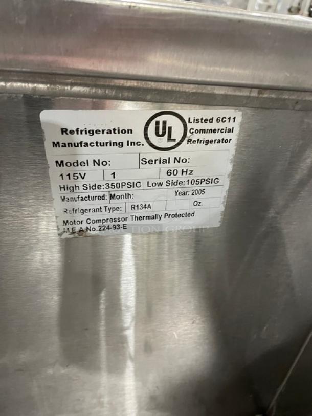 Leader Commercial Stainless Steel 2-1/2 Door Refrigerated Prep Table, 115V, 1 Phase, on casters, UL listed, manufactured 2005.