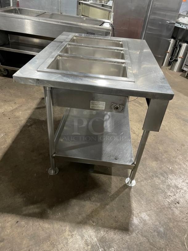 Wells MOD300TDM commercial stainless steel 3-well steamtable with single undershelf, model MOD300TDM, SN M3TD0616A0016, 208/240V.