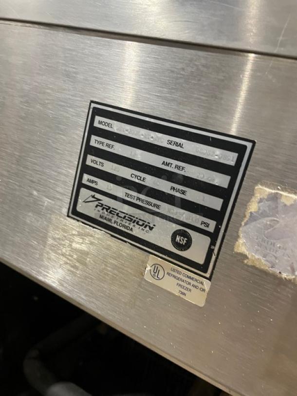 Precision SST2024RTNYC stainless steel refrigerated salad bar, double overhead shelf, sneeze guard, rear cabinet, 120V.