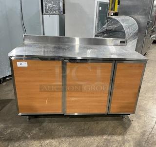 Duke Commercial Stainless Steel 2-Door 60" Worktop Refrigerator, Model RBC60M, with up-turned backsplash, on legs, 120V 1-phase.