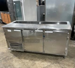 Leader Commercial Stainless Steel 2-1/2 Door Refrigerated Salad/Sandwich Prep Table, poly coated wired rack, 115V, on casters.