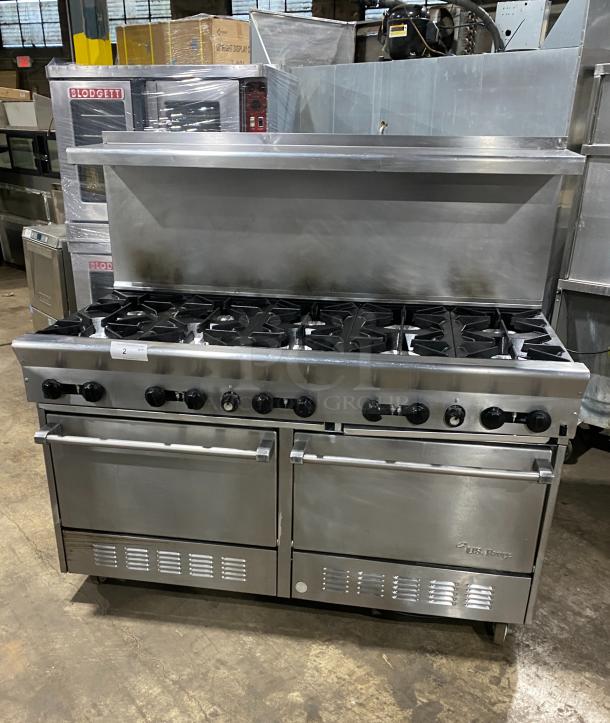 U.S. Range Performer Series 10-burner range, double oven, Model PS102626RC, stainless steel, with backsplash and salamander shelf.