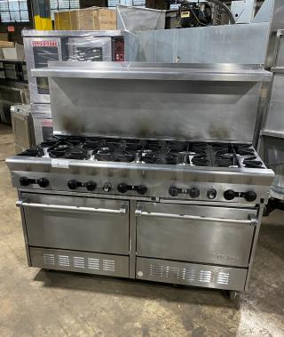 U.S. Range Performer Series 10-burner range, double oven, Model PS102626RC, stainless steel, with backsplash and salamander shelf.