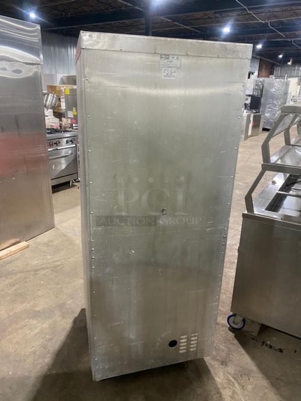 Metro Flavor Hold Series heated holding cabinet, model C199-H1N, stainless steel, on casters, visible wear on surface.