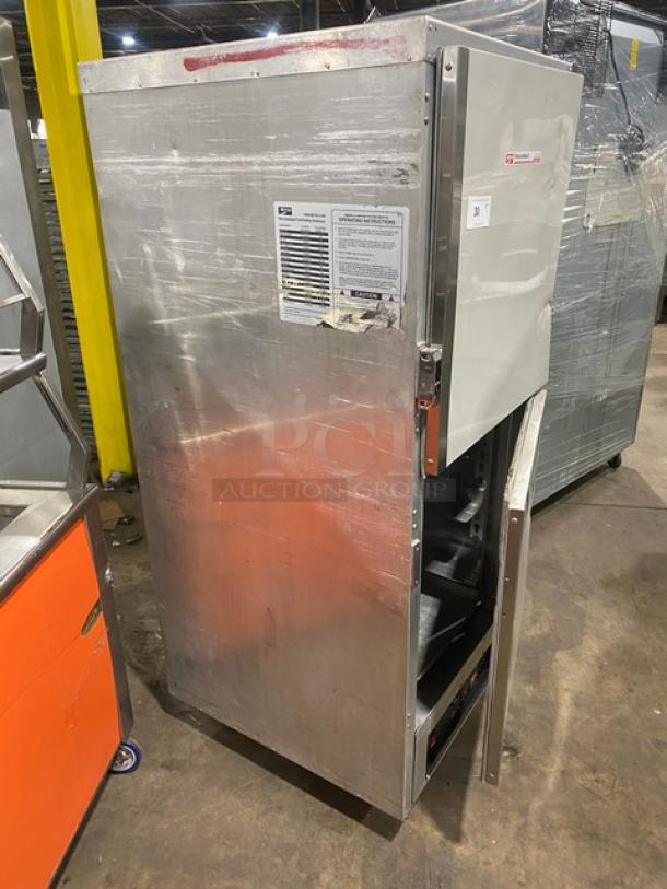 Metro Flavor Hold Series insulated heated cabinet, model C199H1N, with half door, wide pan slides, on casters, 120V.