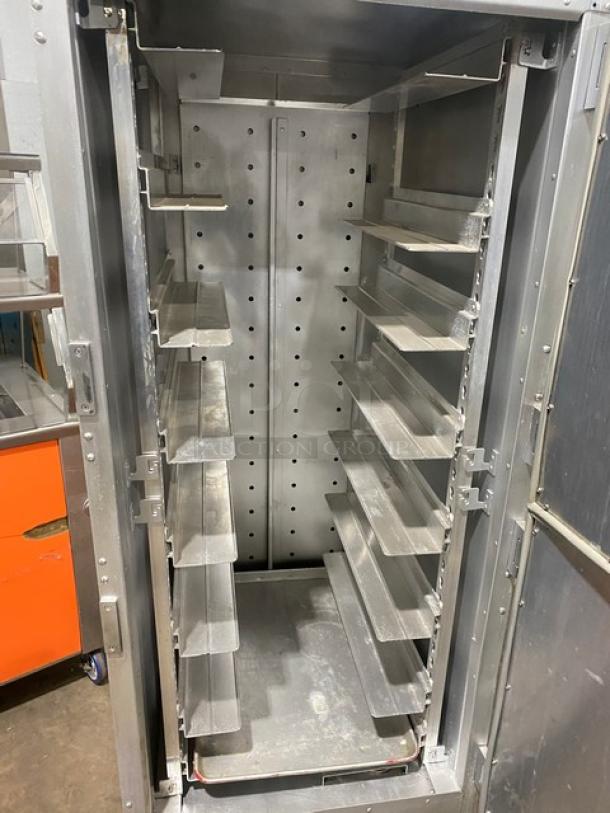 Metro Flavor Hold Series heated cabinet, model C199H1N, with wide pan slides, half door, insulated, on casters, 120V.