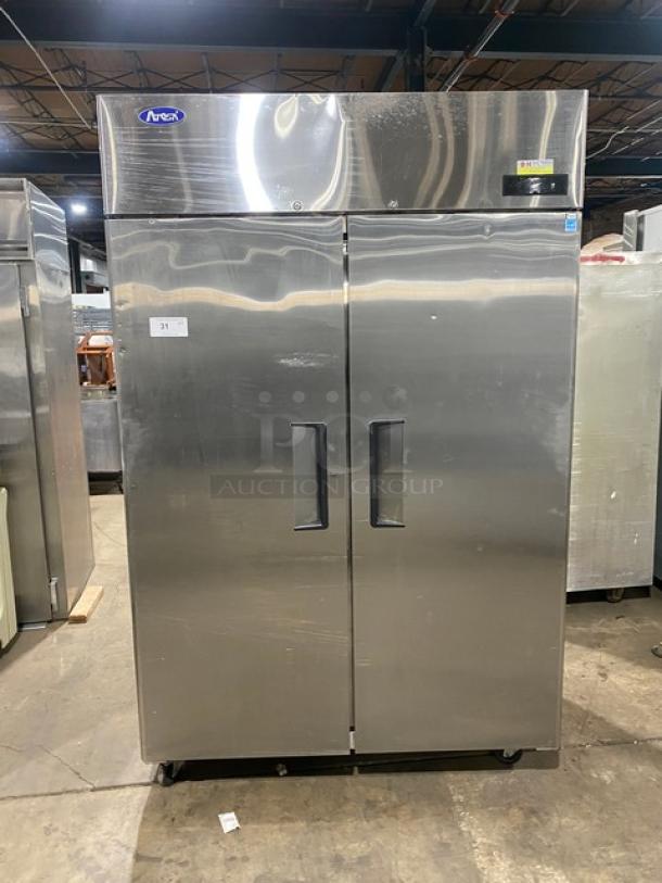 Atosa 2020 stainless steel 2-door reach-in freezer, model MBF8002GR, Energy Star certified, on casters, with tags.