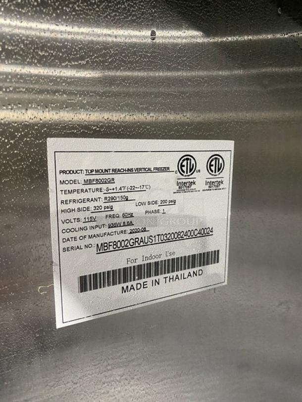 Atosa MBF8002GR commercial stainless steel 2-door reach-in freezer. Energy Star certified, poly-coated racks, on casters.