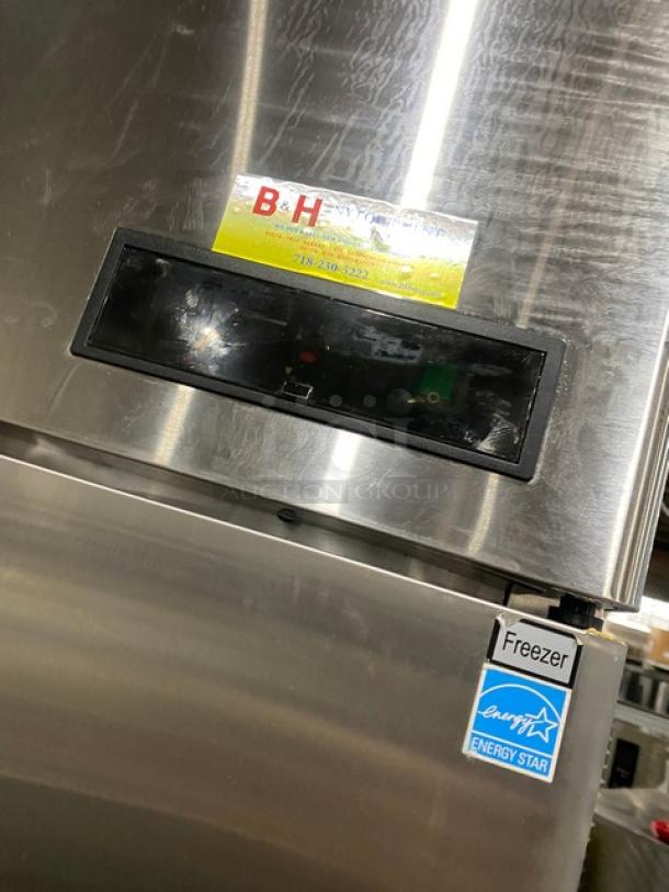 Atosa MBF8002GR commercial stainless steel 2-door reach-in freezer, Energy Star certified, with poly-coated rack, on casters.