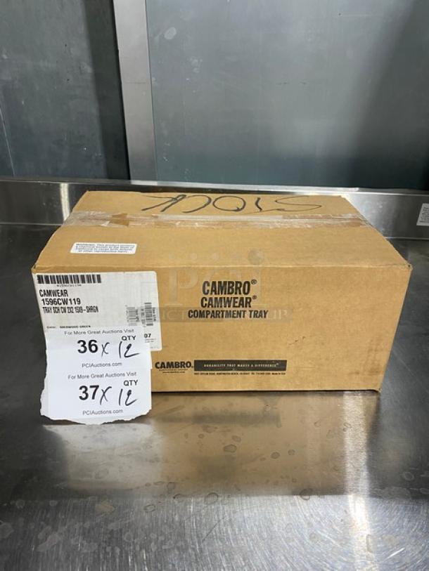Cambro Camwear Series Commercial serving tray box, model 1596CW119, Sherwood Green, shows factory labels and auction details.