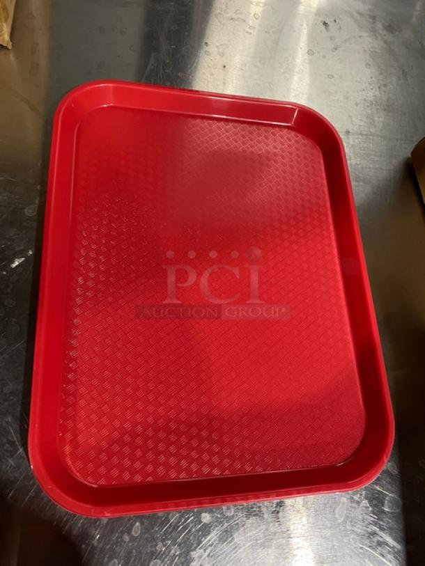 Cambro rose red 10"x14" rectangular fast food tray, model 1014FF163, new condition, textured surface.