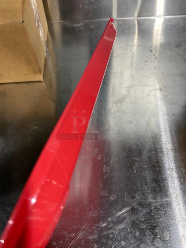 Cambro commercial 10"x14" rose red serving tray, model 1014FF163, in new condition, shown on stainless steel surface.