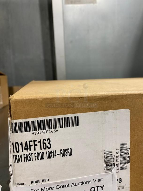 Cambro commercial serving tray, rose red, 10"x14", model 1014FF163, new. Box label shows size and color.