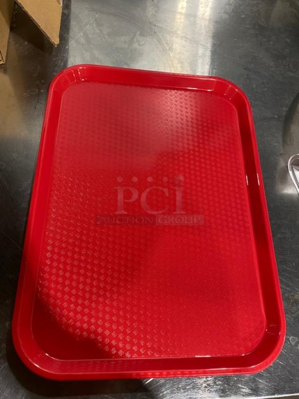 NEW Cambro Rose Red 12"x16" rectangular serving tray, model 1216FF163, pristine condition, textured surface.