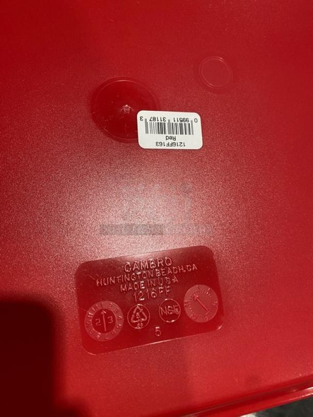 NEW Cambro Rose Red 12"x16" tray, Model 1216FF163. Features embossed label, made in USA, eco-friendly symbols present.