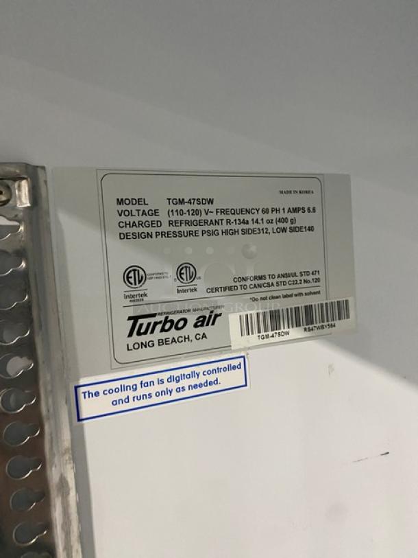 Turbo Air TGM-47SDW commercial refrigerator with double glass swing doors, poly coated rack, Energy Star certified.
