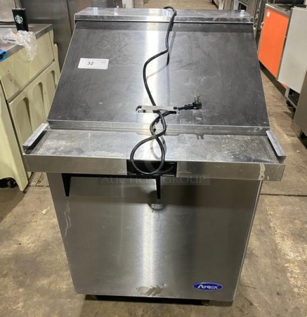 Atosa stainless steel refrigerated prep table, single door, bain marie style, poly coated rack, on casters, 115V, 1 phase.