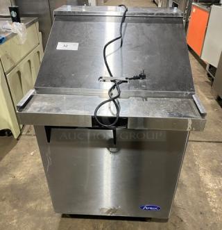 Atosa stainless steel refrigerated prep table, single door, bain marie style, poly coated rack, on casters, 115V, 1 phase.