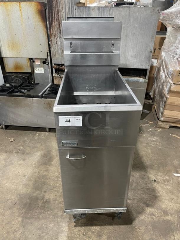 Pitco 40DSM commercial stainless steel deep fat fryer, natural gas powered, 40 lb. capacity, with backsplash, basket hanger, on casters.