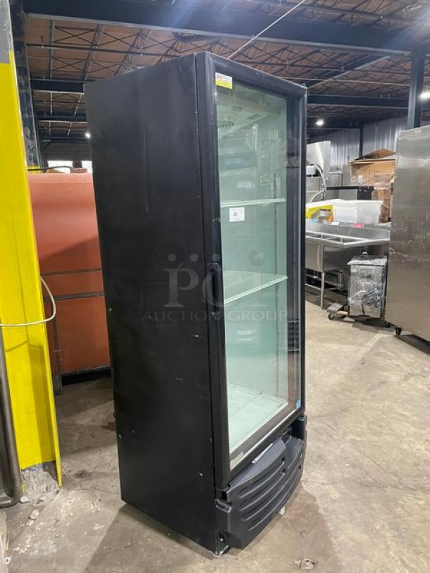 Imbera Elite Series G319 black single glass door refrigerator, Energy Star Certified, poly coated wire rack, on legs.