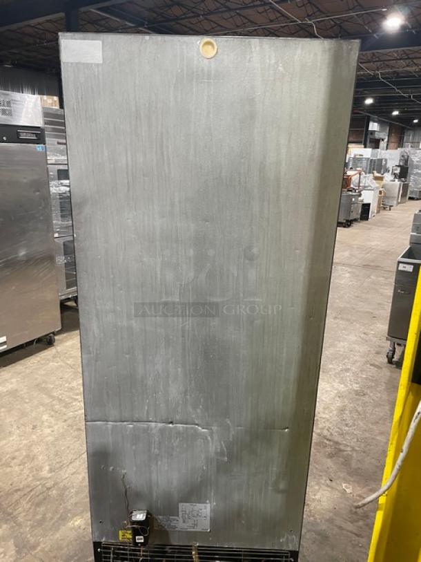 Imbera Elite Series black reach-in merchandiser refrigerator, model G319, single glass swing door, Energy Star certified, poly coated wired rack, 115V 1 phase, on legs.