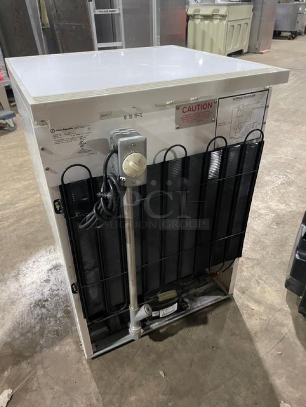 Fisher Scientific undercounter flammable storage unit, white, single door, with poly-coated wired rack, Model 979381, 120V 1 Phase.