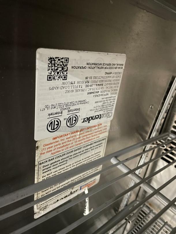 Glastender commercial mug chiller/froster, model MFV24GNL, stainless steel, single glass door, poly-coated rack, 2018.