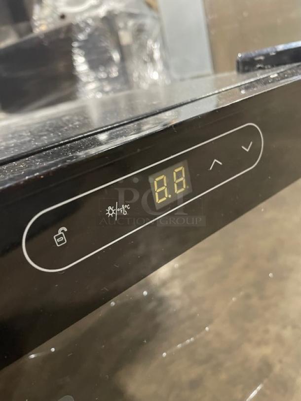 Schmecke Commercial Black Wine Cooler, single glass door, fits 12 bottles, chrome-plated rack, digital display.