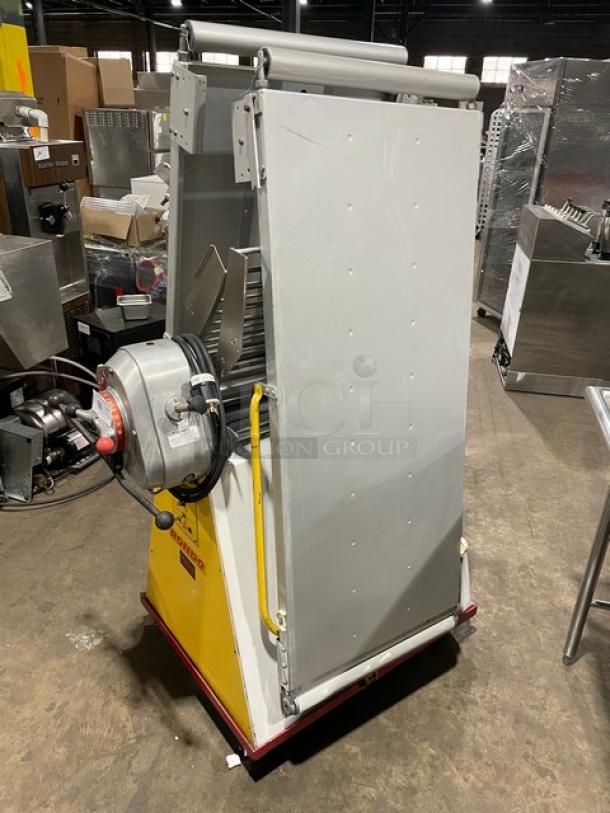 Seewer Rondo SS064C reversible dough sheeter, electric, floor model with fold-up conveyor and casters, SN: A6019004.