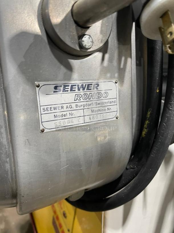 Seewer Rondo SS064C electric dough sheeter, commercial model with reversible feature, fold-up conveyor, on casters.